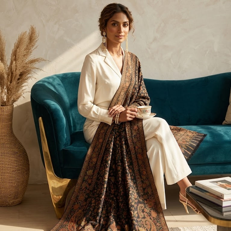 A woman sits on a teal velvet sofa wearing a cream-colored outfit and holding a patterned shawl draped over her lap. The shawl features intricate brown, gold, and black paisley motifs.