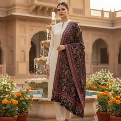Woman in traditional outfit standing in front of a fountain with decorative elements