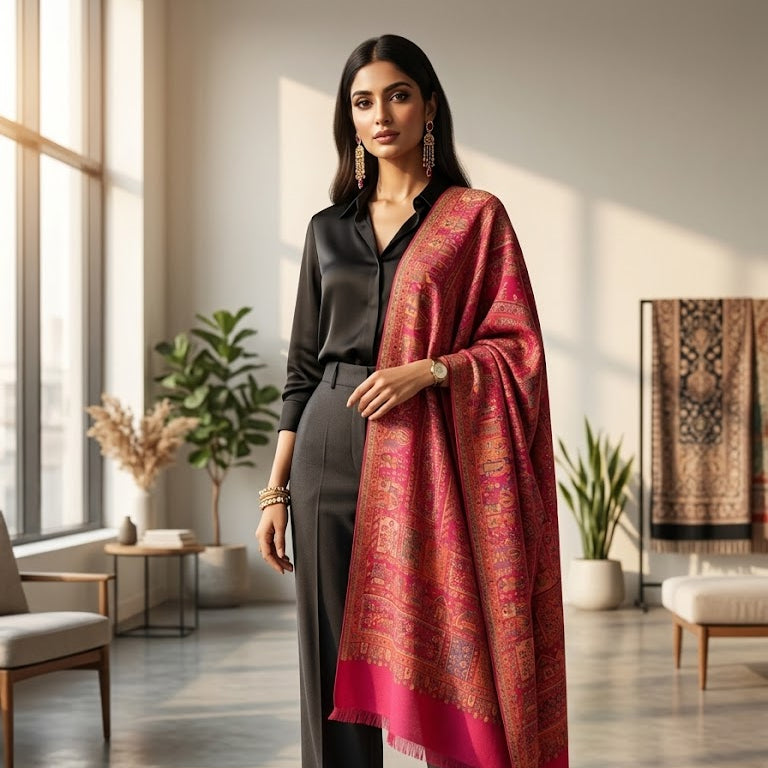 Pure Wool Kani Shawl in Magenta Pink  