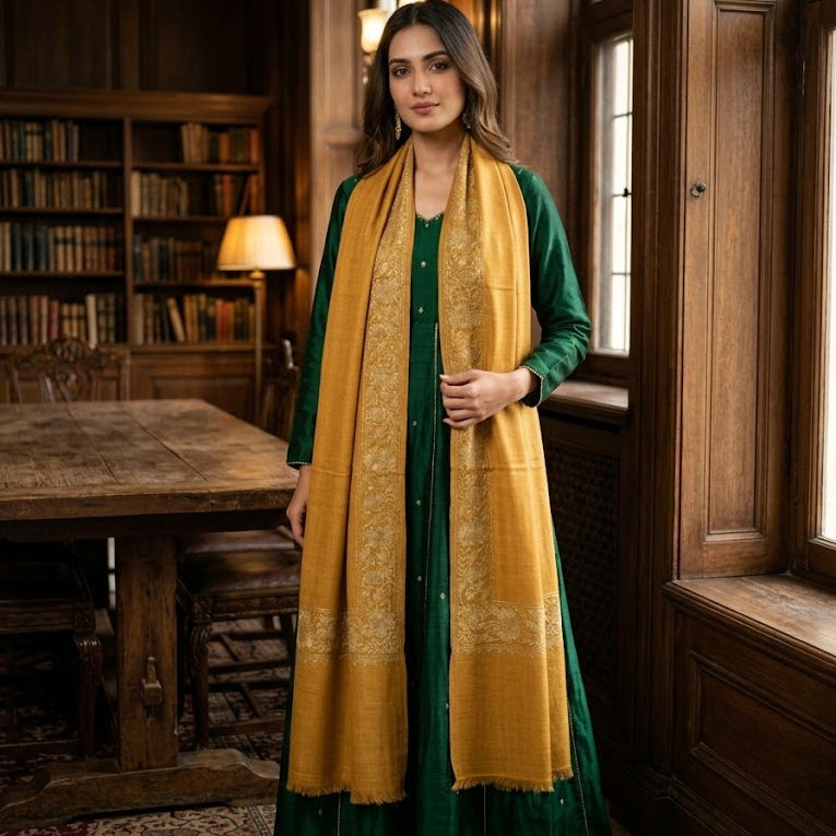 A woman stands in a rustic wooden library wearing a dark green traditional dress with a wide mustard yellow embroidered scarf draped over her shoulders.