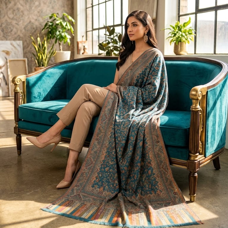 A woman sits on a teal velvet sofa in a sunlit room, draped in a patterned shawl with beige trousers. The shawl features intricate blue, brown, and orange paisley motifs with striped borders.