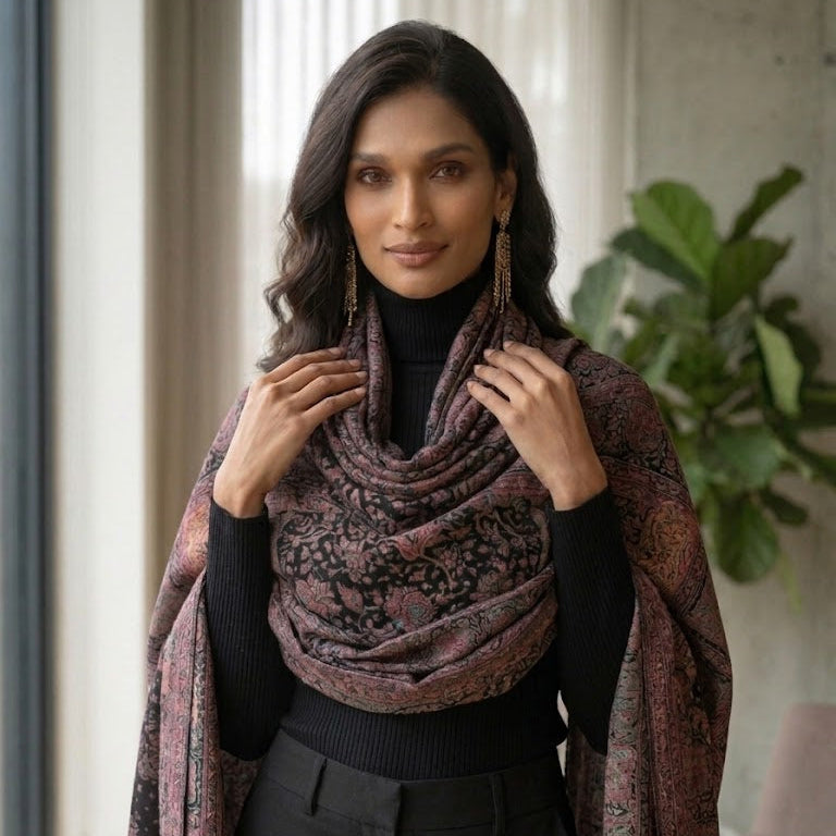A woman wearing a dark turtleneck, black trousers, and a draped patterned scarf in muted pink, brown, and black tones, standing indoors near a window and green plant.