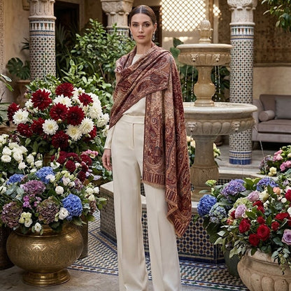 Woman in a patterned shawl standing in a decorative outdoor setting with flowers and architecture.
