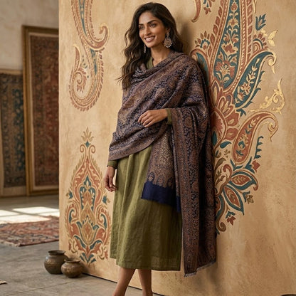 A woman stands indoors against a large decorative wall with intricate paisley artwork, wearing a muted olive green skirt, brown sandals, and a dark patterned shawl draped over her shoulders.