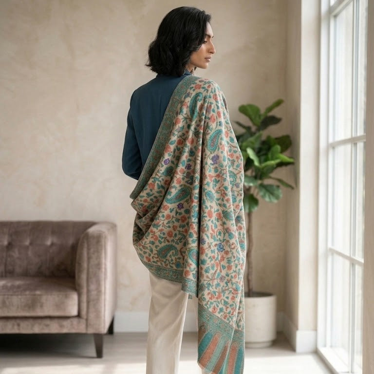 A woman stands with her back to the camera in a bright room, wearing a large patterned shawl draped over her shoulders. The shawl has a teal, pink, and beige floral paisley design.