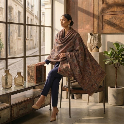 A woman sits on a chair in a sunlit room beside a large arched window, wearing a draped shawl with an intricate brown and beige paisley pattern over dark blue pants and nude heels.