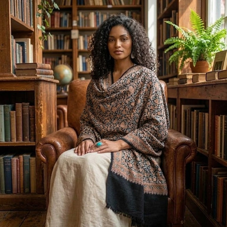 A woman with curly dark hair sits in a brown leather armchair in a cozy, book-filled library. She is wearing a patterned shawl draped over her shoulders and a cream-colored linen dress.