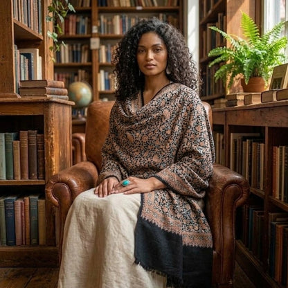 A woman with curly dark hair sits in a brown leather armchair in a cozy, book-filled library. She is wearing a patterned shawl draped over her shoulders and a cream-colored linen dress.