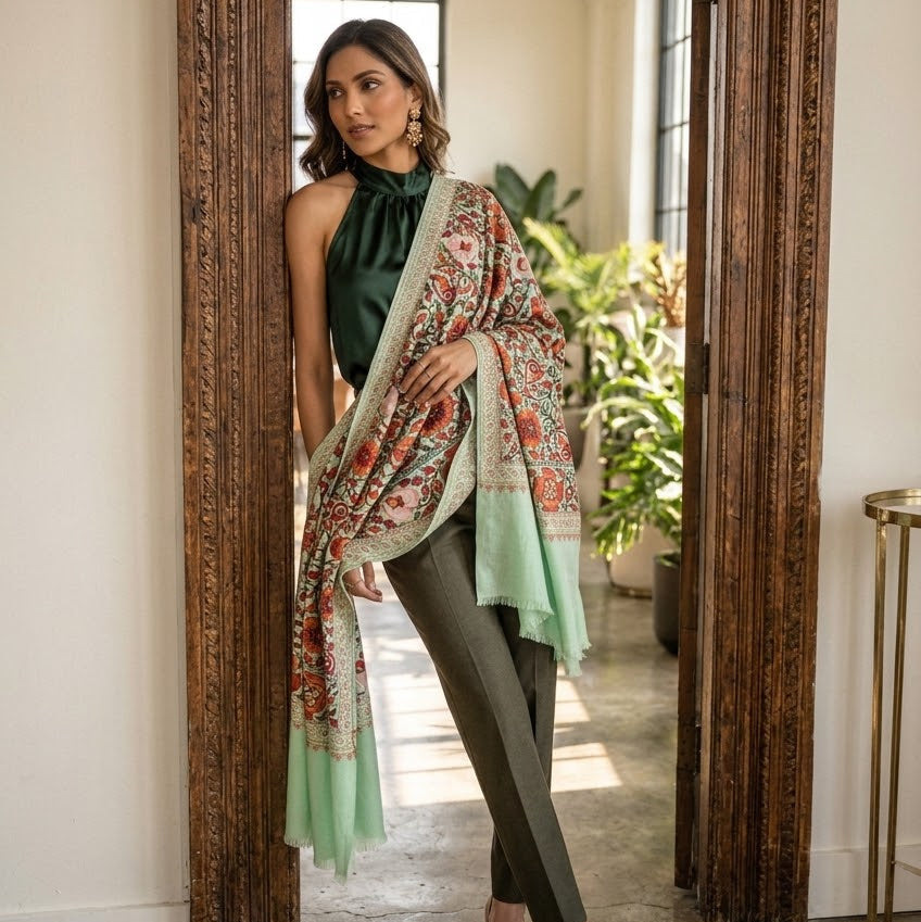 A woman stands in a doorway wearing a dark green sleeveless top, olive green pants, and a large patterned mint green scarf draped over her shoulders.