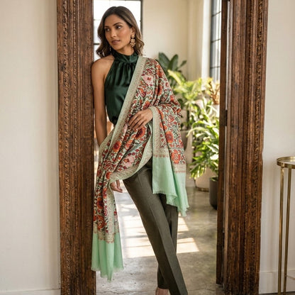 A woman stands in a doorway wearing a dark green sleeveless top, olive green pants, and a large patterned mint green scarf draped over her shoulders.