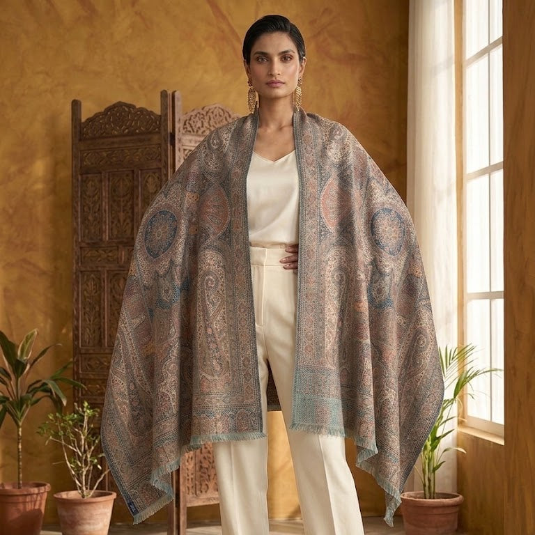 A woman stands indoors wearing a large patterned shawl draped over her shoulders, paired with cream pants and a cream top. The room has warm yellow walls, a wooden screen, potted plants, and a window.