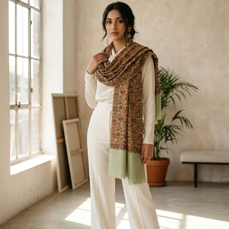 Sozni green shawl in sage green