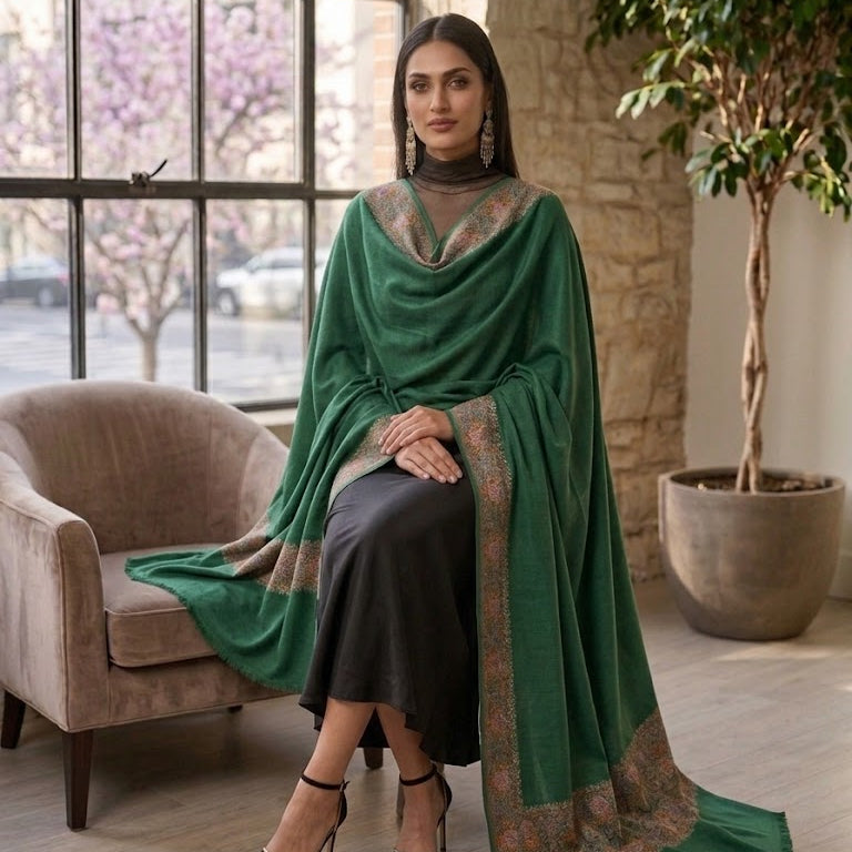 Green Sozni Shawl with Roses Embroidery in Borders