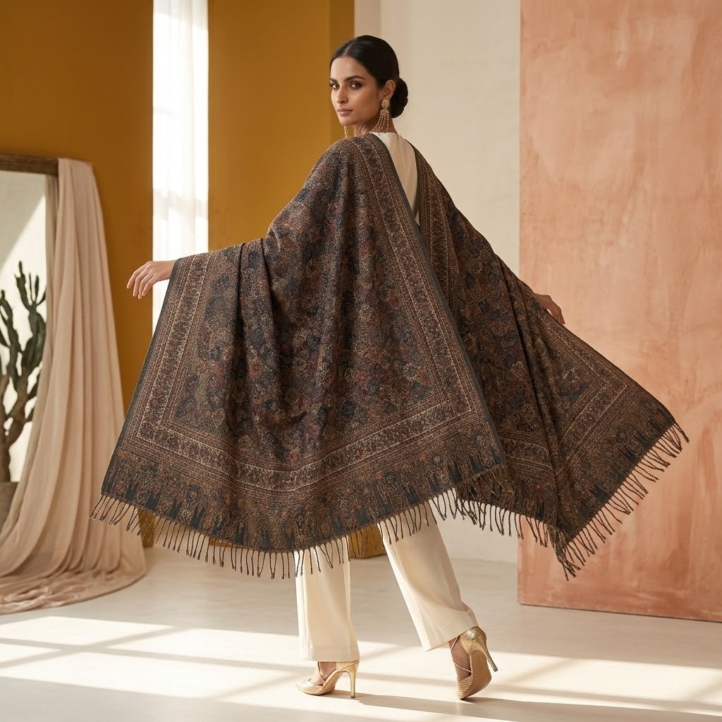 A woman stands indoors wearing a large dark brown shawl with an intricate multicolor floral and geometric border pattern and fringe along the edges. The setting has warm beige and terracotta walls with sunlight streaming in from a window.