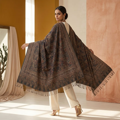 A woman stands indoors wearing a large dark brown shawl with an intricate multicolor floral and geometric border pattern and fringe along the edges. The setting has warm beige and terracotta walls with sunlight streaming in from a window.