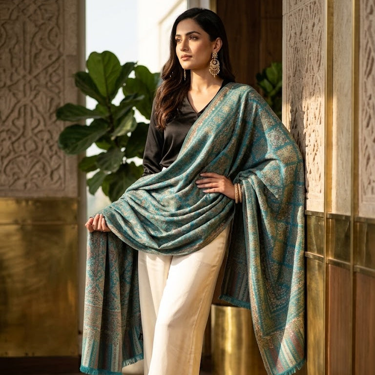 A woman models a teal blue and gold patterned shawl draped over her shoulders, paired with a black top and cream-colored trousers in an elegant indoor setting with gold-toned columns.