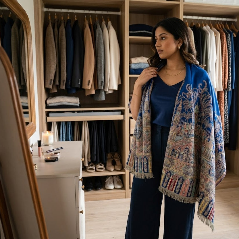 A woman stands in a well-lit walk-in closet wearing a navy blue top and trousers, draped with a blue shawl featuring a detailed multicolor paisley and floral pattern with fringe.