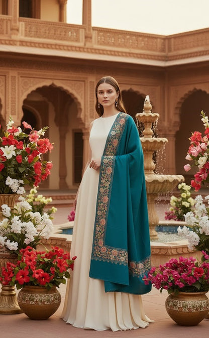 Women’s Wool Shawl - Pure Tilla Embroidery Border - Dark Blue