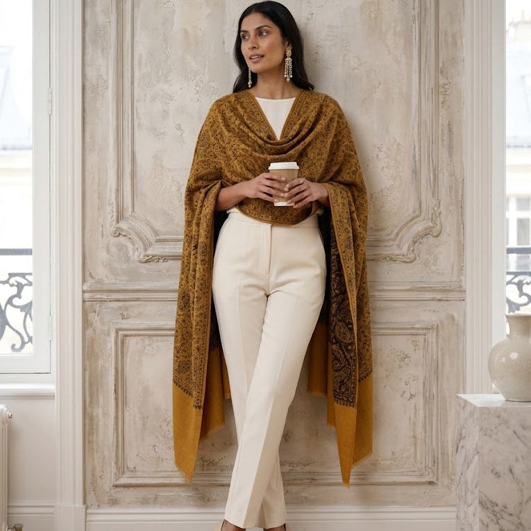 A woman stands indoors against a decorative cream wall, wearing a mustard yellow and brown patterned shawl draped over her shoulders, cream trousers, and cream heels, while holding a takeaway coffee cup.