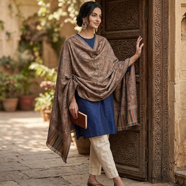 A woman stands in a courtyard wearing a blue kurta, cream pants, and a brown patterned shawl draped over her shoulders. She is posed next to an ornate carved wooden door.