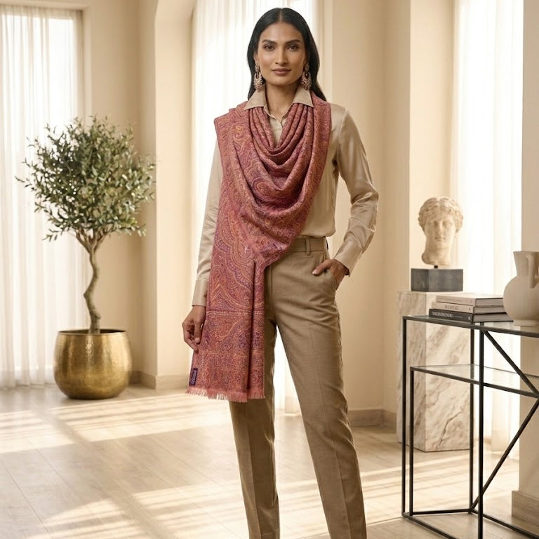 A woman models a dusty rose and pink paisley shawl draped over her shoulders, styled with a beige long-sleeve shirt and beige trousers in a bright, modern room with warm sunlight.