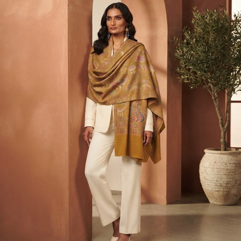 A woman models a luxurious mustard-gold shawl with intricate paisley patterns draped over her shoulders, styled with a white pantsuit in a warm, terracotta-colored arched corridor.