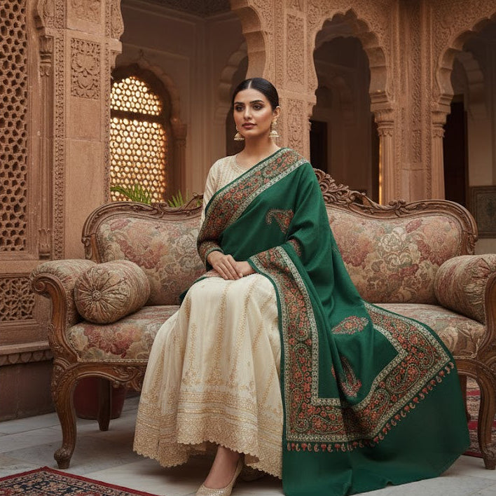 Woman in a green and white saree sitting in an ornate room with intricate architecture.