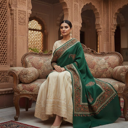 Woman in a green and white saree sitting in an ornate room with intricate architecture.