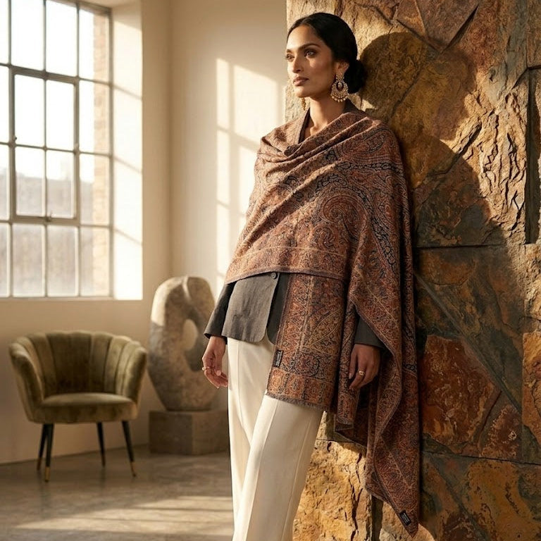 A woman stands in a sunlit room leaning against a textured stone wall, wearing a draped rust-brown patterned shawl over a dark top and cream trousers with black heels.