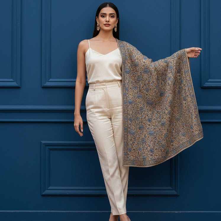 Beautiful Sozni embroidery shawl in beige with blue embroidery draped over a female model standing in a beautiful room