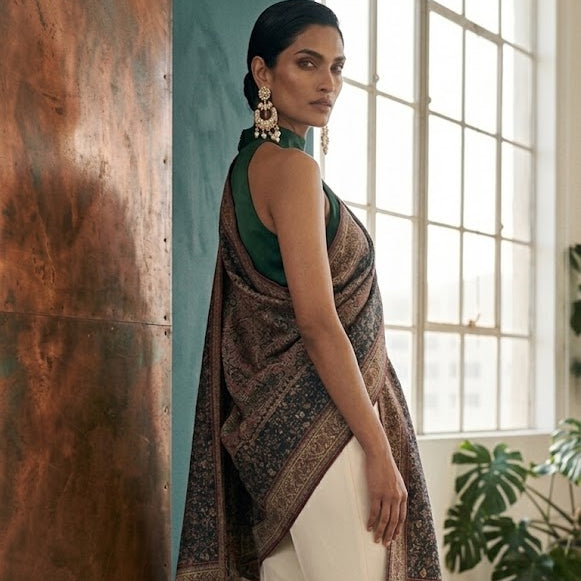 A woman models a dark brown patterned shawl draped over her shoulders, paired with a green sleeveless top and white wide-leg trousers, standing in a modern room with a large window and textured walls.