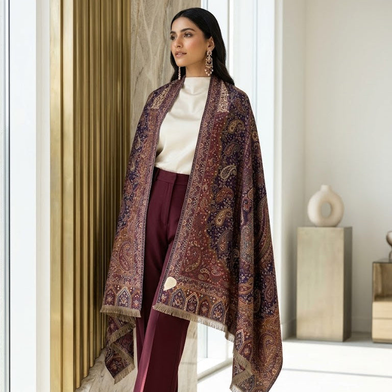 A woman stands in a bright indoor setting wearing a large patterned shawl draped over her shoulders. The shawl has an intricate paisley and floral design in deep burgundy, brown, and gold tones.