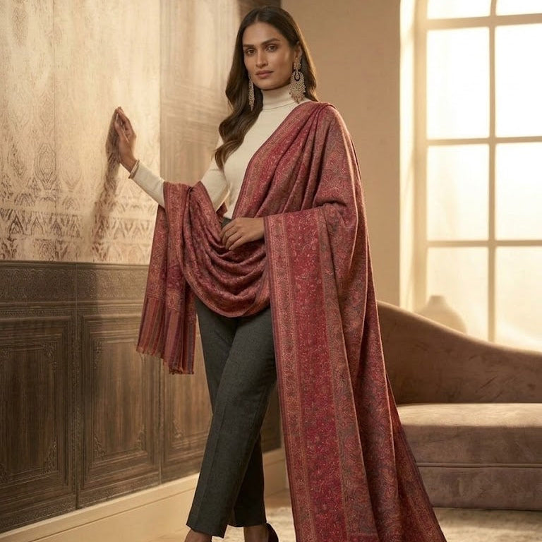 A woman models a luxurious dusty rose pink shawl with intricate gold zari patterns, draped over her shoulders and cascading down to the floor, styled with a white turtleneck, dark grey trousers, and dark red heels in an elegant room with warm lighting.