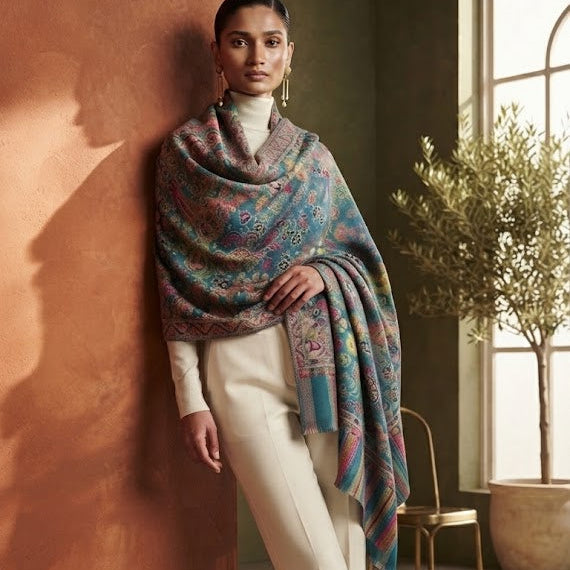 Peacock Blue Stole in Kani Weave