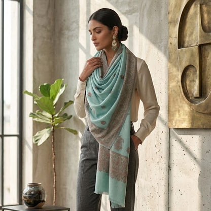 A woman stands in a modern room with concrete walls and large windows, wearing a light sage green and gray patterned shawl draped over a cream blouse, dark gray trousers, and green heels.