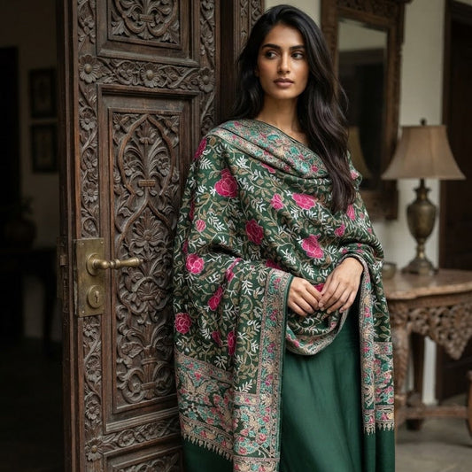 A woman stands indoors beside an ornate carved wooden door, wearing a dark green dress with a large matching shawl draped over her shoulders. The shawl has a floral pattern in pink, green, and beige, with a decorative border.