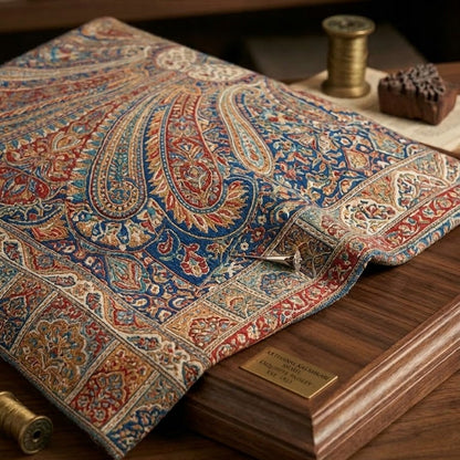 Patterned fabric with intricate designs on a wooden surface