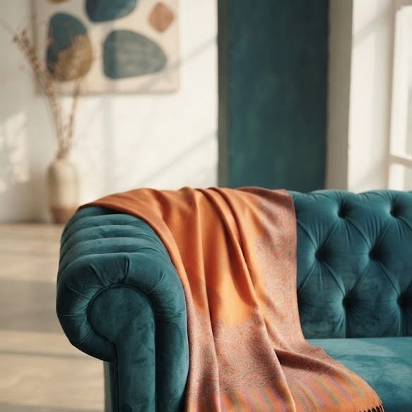 A teal velvet tufted sofa in a sunlit room, draped with a warm orange throw blanket featuring fringe.