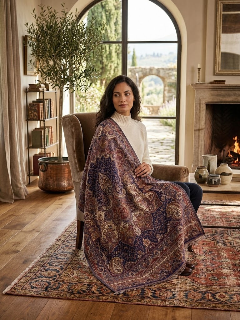 Navy Claret Kalamkari Kani Shawl - Medallion Paisley Design for Occasion Wear