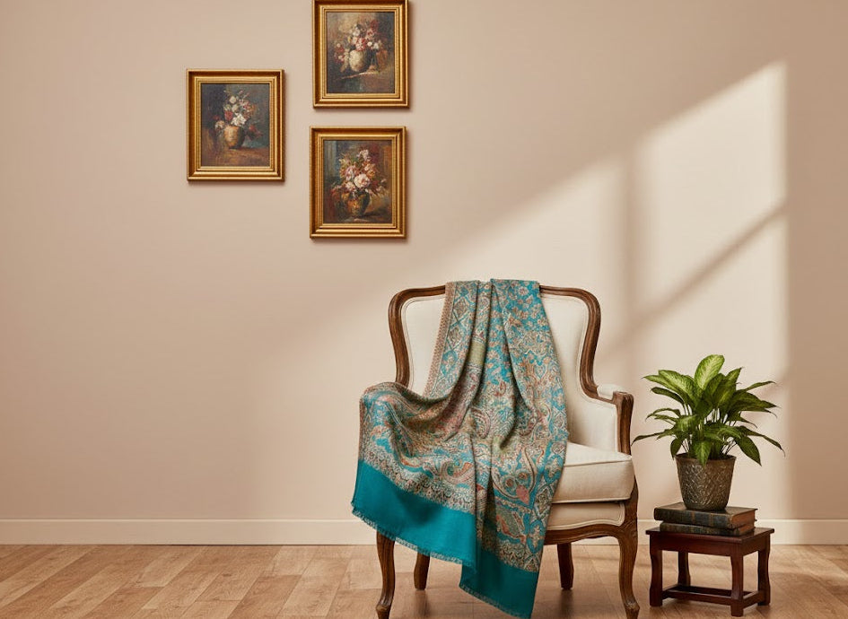 Decorative deep teal blue patterned jamawar kani pure wool shawl draped over a chair in a room with framed pictures on the wall and a plant on a small table.