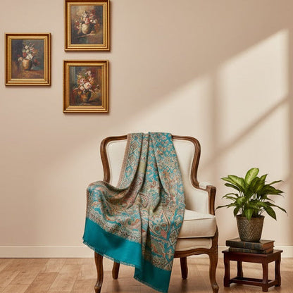 Decorative deep teal blue patterned jamawar kani pure wool shawl draped over a chair in a room with framed pictures on the wall and a plant on a small table.