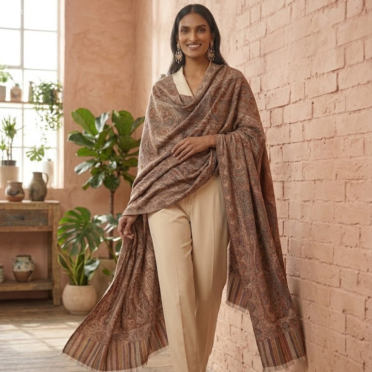 A woman stands in a warm indoor setting with a terracotta brick wall and wooden floor, wearing a brown patterned shawl draped over her shoulders over a beige outfit.