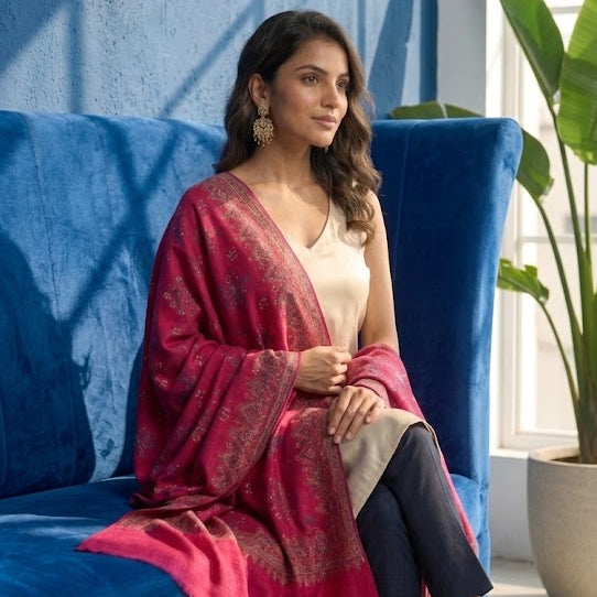 A woman sits on a blue velvet sofa wearing a bright pink and red patterned shawl draped over a cream top and dark pants, in a sunlit room with a blue wall and potted plant.