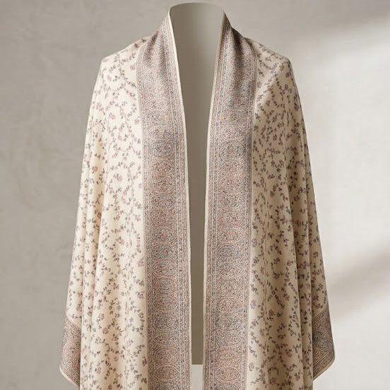 A lightweight open-front shawl draped over a mannequin, featuring a cream base with delicate floral motifs and wide taupe-brown patterned borders, set against a neutral textured wall.