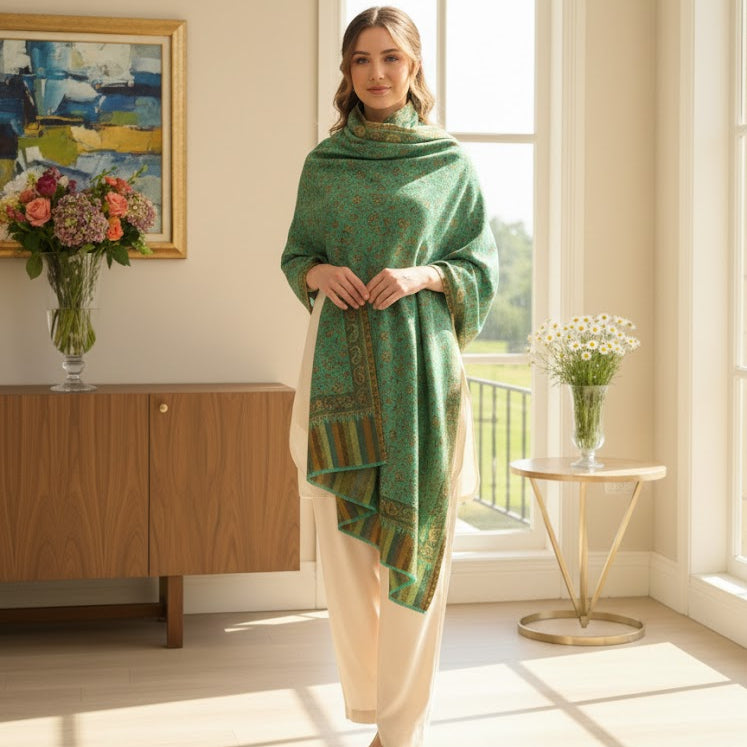 Woman wearing a green patterned shawl in a bright room with large windows.