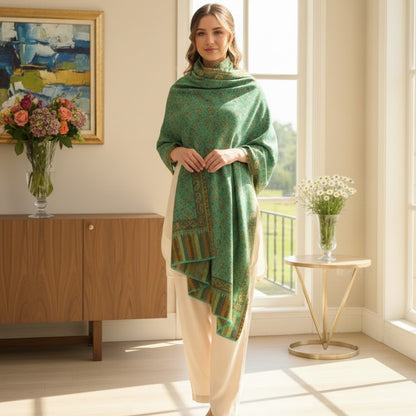 Woman wearing a green patterned shawl in a bright room with large windows.