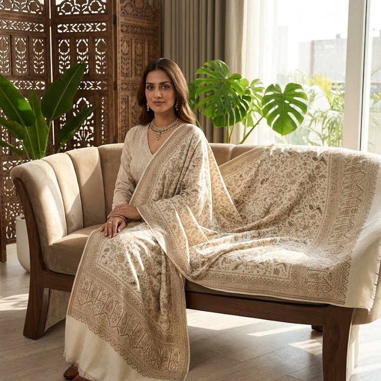 A woman sits on a beige upholstered wooden sofa draped in an ornate cream and beige patterned shawl or blanket in a bright, sunlit room with plants and a wooden screen.