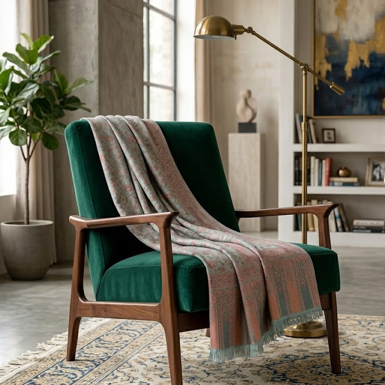 A mid-century modern accent chair upholstered in deep emerald green velvet with a warm wood frame, styled with a patterned throw blanket draped over the seat. The chair is positioned on a traditional patterned rug in a beautifully decorated living room with a brass floor lamp, a potted plant, and a large window.