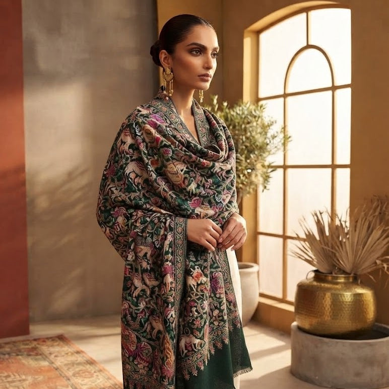 A woman models a dark green and black floral shawl with a gold border over cream-colored pants in a warm, sunlit room with an arched window.