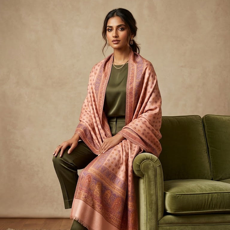 Silk Wool Kani Jamawar Shawl draped on a female model